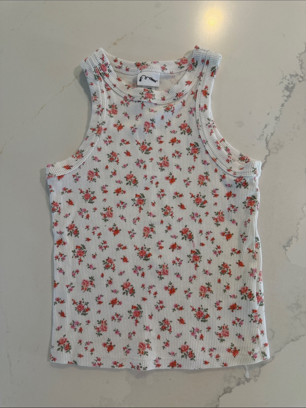 White Floral Ribbed Tank Top